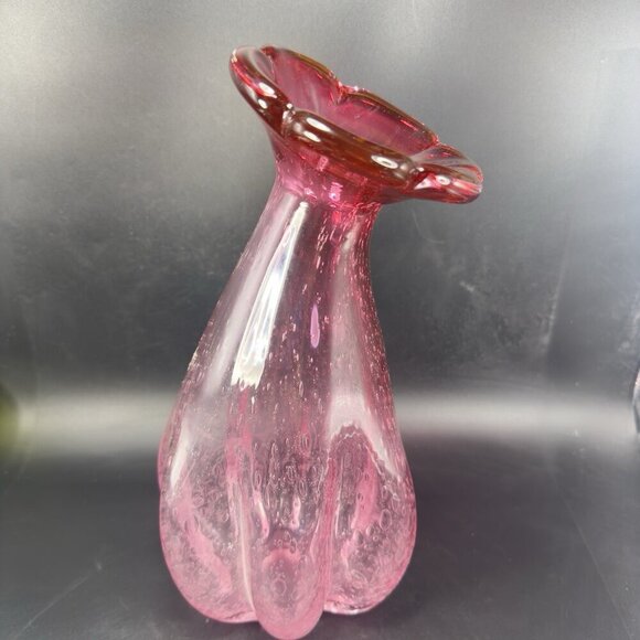 Large Art Glass Vase Vessel Pink Flower Shape Vas With Air Bubbles All Over Vase - Picture 15 of 16